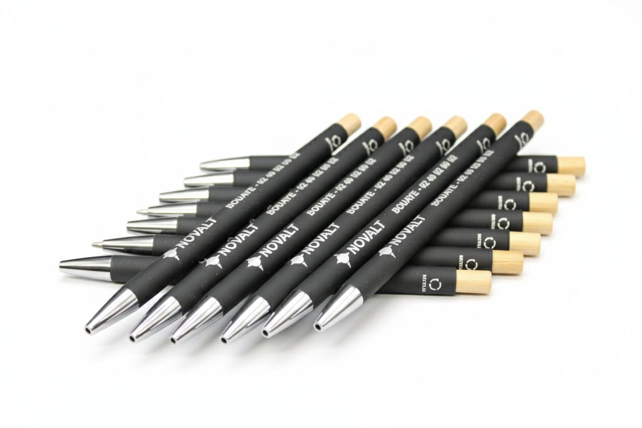 Alignement de stylos noirs personnalisés avec le logo “Novalt” et embout bois, présentés sur fond blanc.